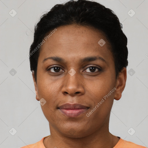 Neutral black young-adult female with short  black hair and brown eyes