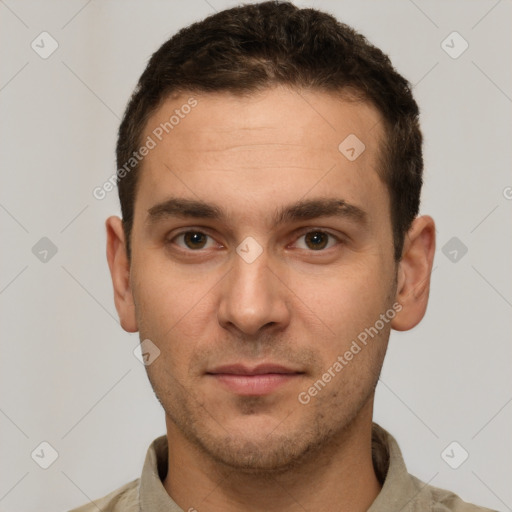 Neutral white young-adult male with short  brown hair and brown eyes