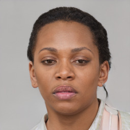 Neutral black young-adult female with short  brown hair and brown eyes