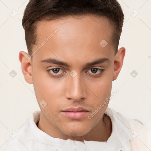 Neutral white young-adult male with short  brown hair and brown eyes