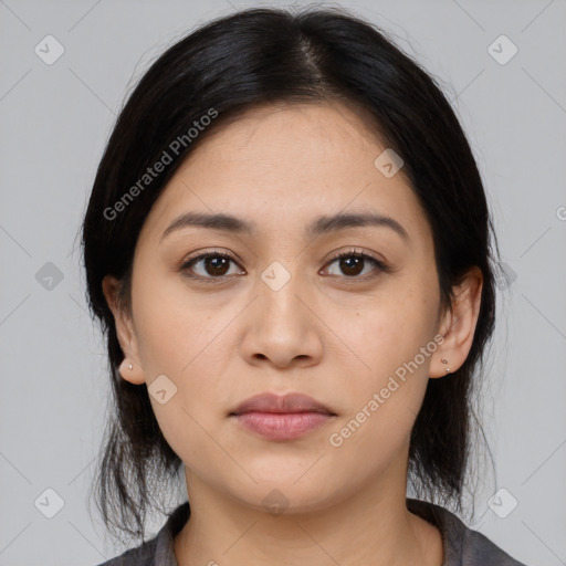 Neutral asian young-adult female with medium  black hair and brown eyes