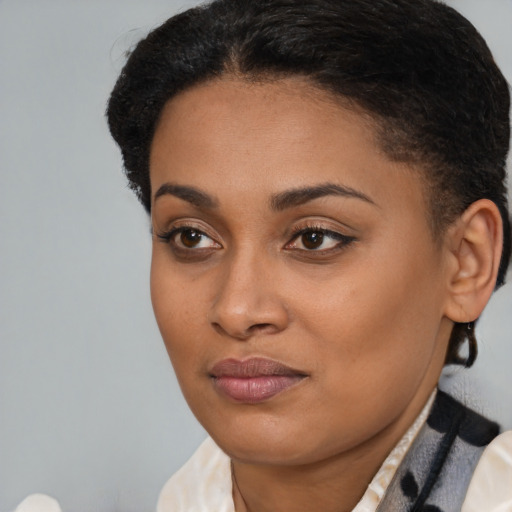 Joyful black young-adult female with short  brown hair and brown eyes