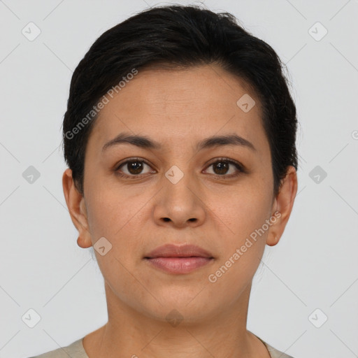 Neutral asian young-adult female with short  brown hair and brown eyes