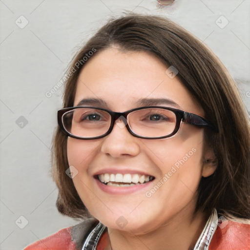 Joyful white young-adult female with medium  brown hair and blue eyes