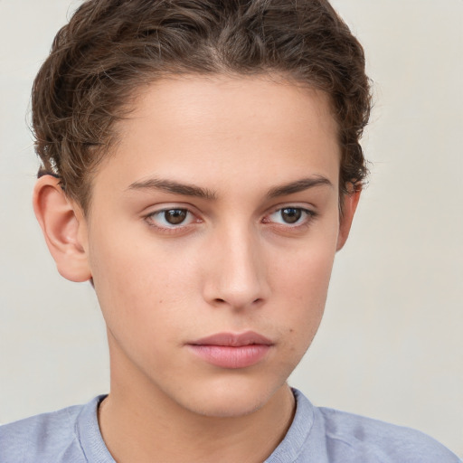 Neutral white young-adult female with short  brown hair and brown eyes