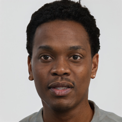 Neutral black young-adult male with short  black hair and brown eyes