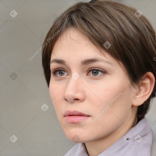 Neutral white young-adult female with short  brown hair and brown eyes