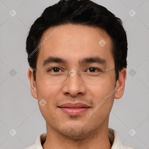 Joyful white young-adult male with short  black hair and brown eyes