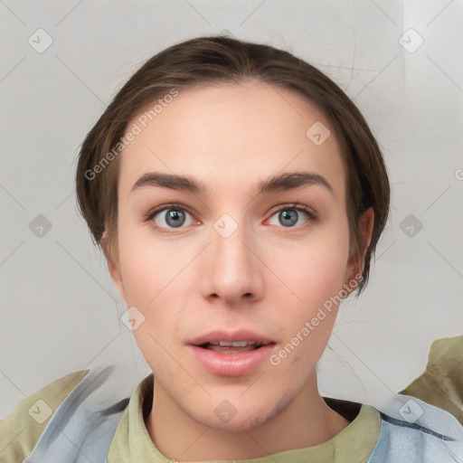 Neutral white young-adult female with medium  brown hair and brown eyes