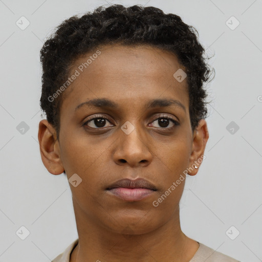 Neutral black young-adult female with short  brown hair and brown eyes