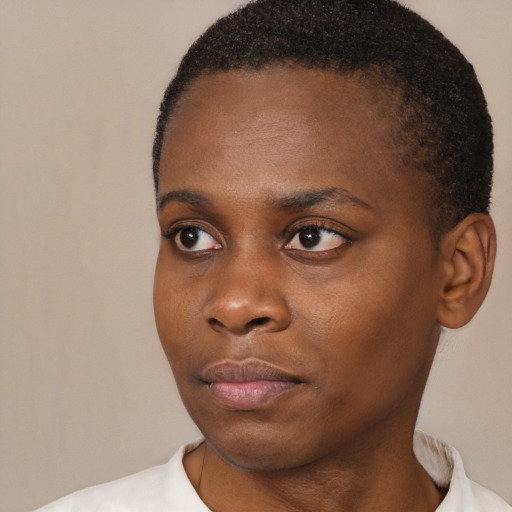 Neutral black young-adult female with short  black hair and brown eyes