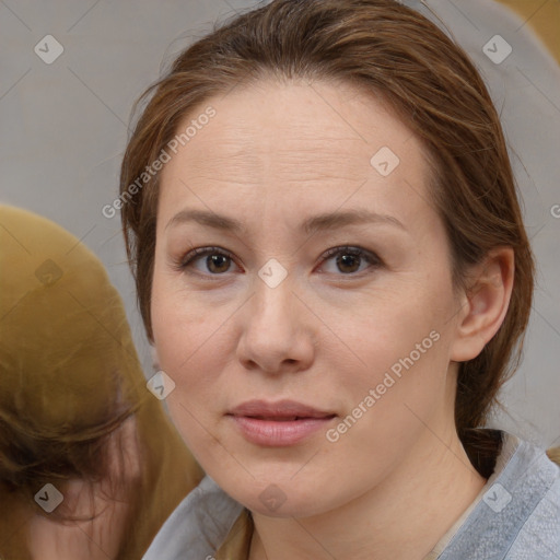 Neutral white young-adult female with medium  brown hair and brown eyes