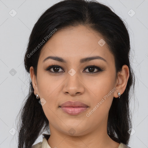 Joyful latino young-adult female with medium  brown hair and brown eyes