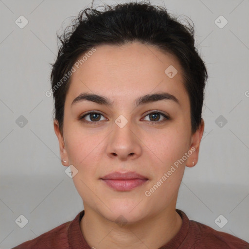 Neutral white young-adult female with short  brown hair and brown eyes