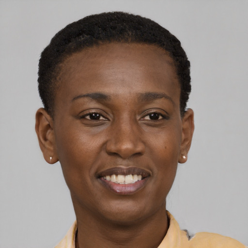 Joyful black young-adult female with short  black hair and brown eyes