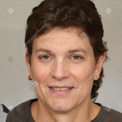 Joyful white adult female with short  brown hair and brown eyes