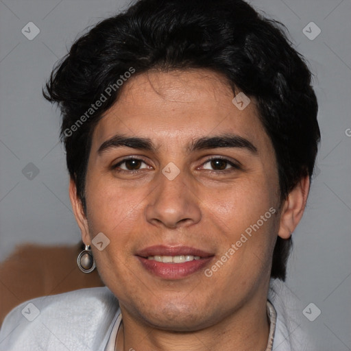 Joyful white young-adult male with short  black hair and brown eyes