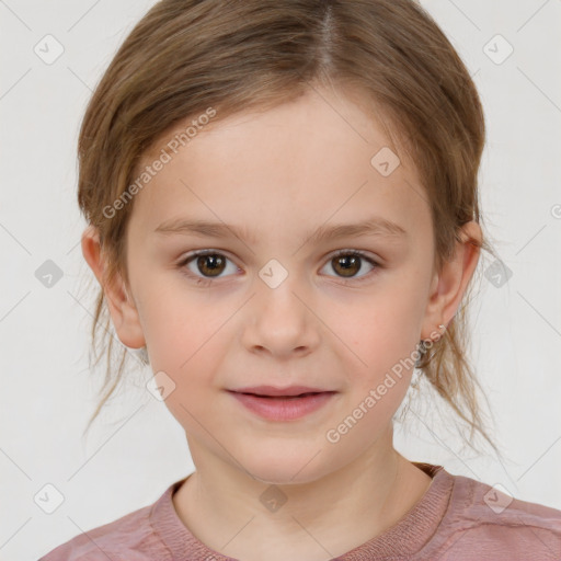 Joyful white child female with medium  brown hair and brown eyes