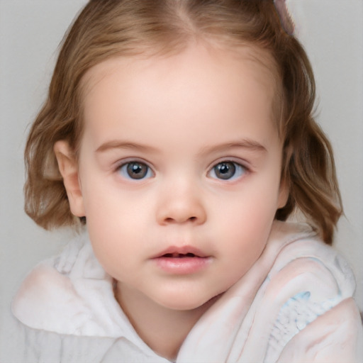 Neutral white child female with medium  brown hair and grey eyes