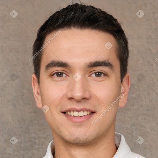 Joyful white young-adult male with short  brown hair and brown eyes