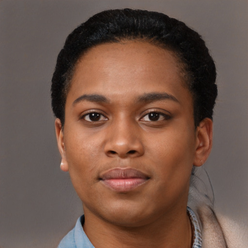 Neutral black young-adult female with short  black hair and brown eyes