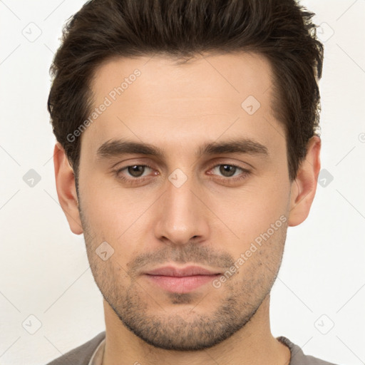 Neutral white young-adult male with short  brown hair and brown eyes