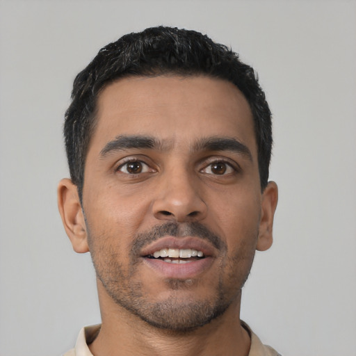 Neutral latino young-adult male with short  black hair and brown eyes