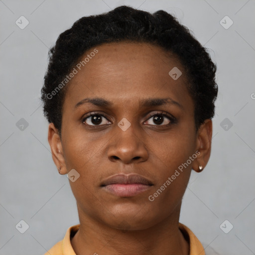 Neutral black young-adult female with short  brown hair and brown eyes