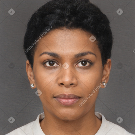 Neutral black young-adult female with short  black hair and brown eyes