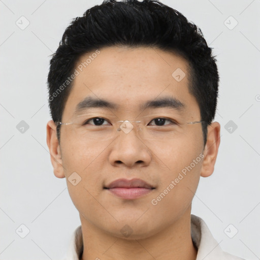 Neutral asian young-adult male with short  black hair and brown eyes