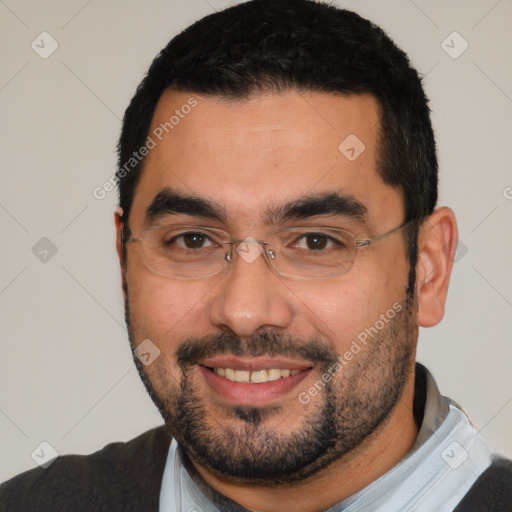 Joyful white young-adult male with short  black hair and brown eyes