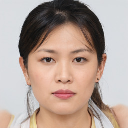 Neutral asian young-adult female with medium  brown hair and brown eyes