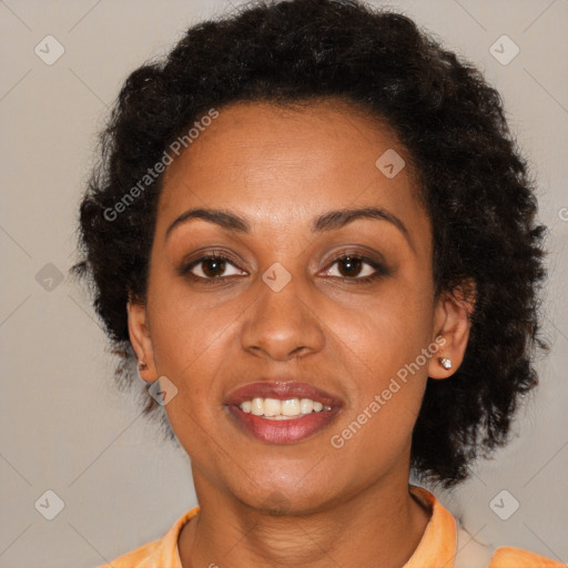 Joyful latino adult female with medium  brown hair and brown eyes