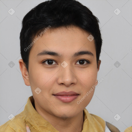 Joyful asian young-adult female with short  brown hair and brown eyes