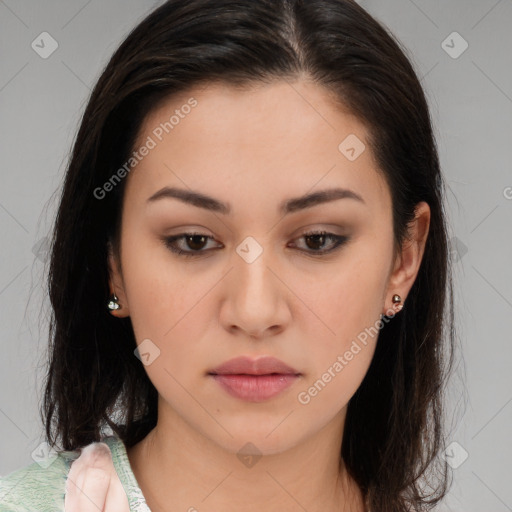 Neutral white young-adult female with medium  brown hair and brown eyes