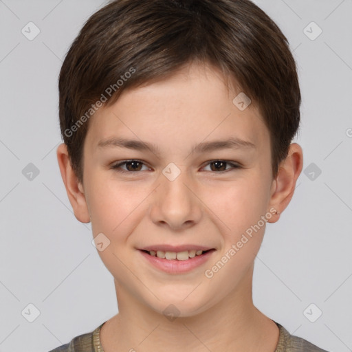 Joyful white child female with short  brown hair and brown eyes