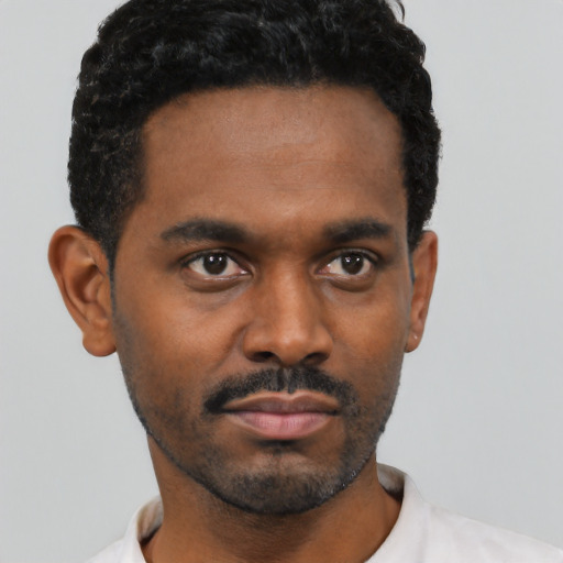 Neutral black young-adult male with short  black hair and brown eyes