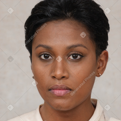 Neutral black young-adult female with short  brown hair and brown eyes