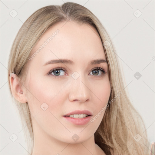 Neutral white young-adult female with long  brown hair and grey eyes