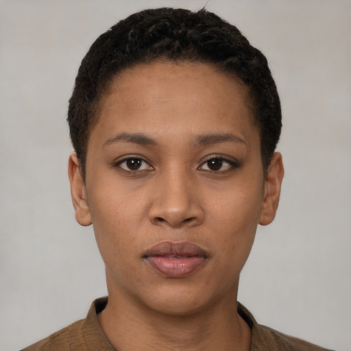 Neutral black young-adult female with short  brown hair and brown eyes