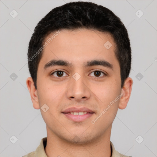 Joyful white young-adult male with short  black hair and brown eyes