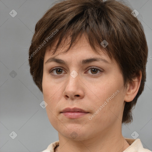 Neutral white young-adult female with medium  brown hair and brown eyes