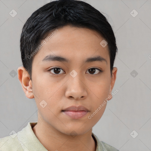 Neutral asian young-adult male with short  black hair and brown eyes