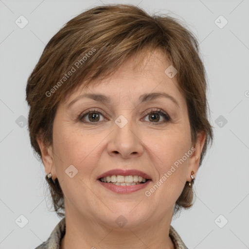 Joyful white adult female with medium  brown hair and grey eyes