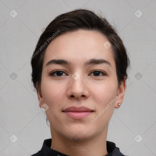 Neutral white young-adult female with short  brown hair and brown eyes