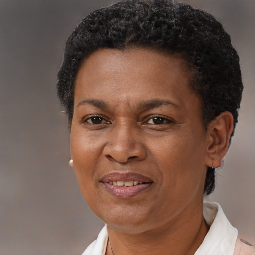 Joyful black adult female with short  brown hair and brown eyes