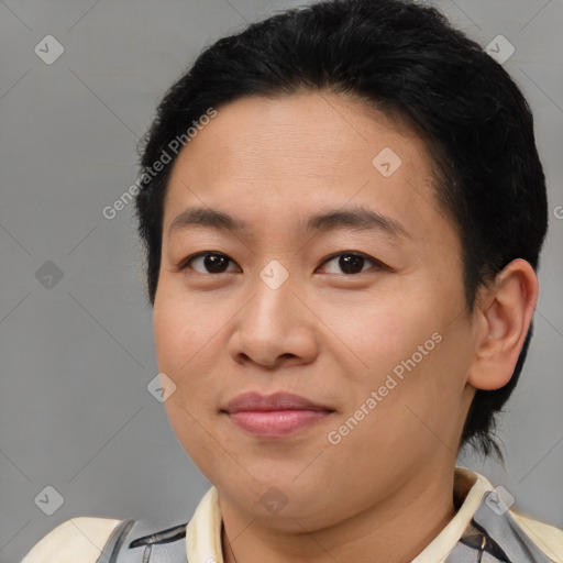 Joyful asian young-adult female with short  brown hair and brown eyes