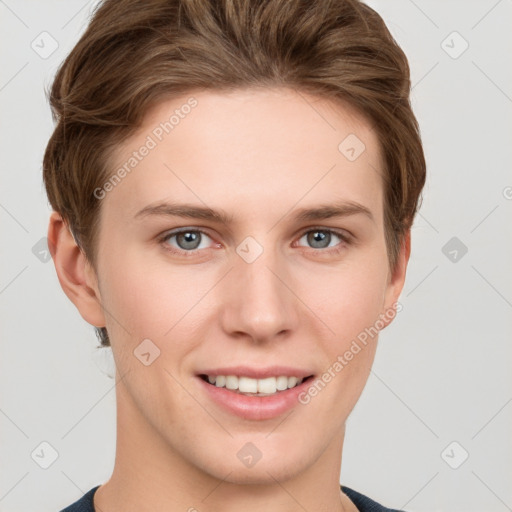 Joyful white young-adult female with short  brown hair and grey eyes