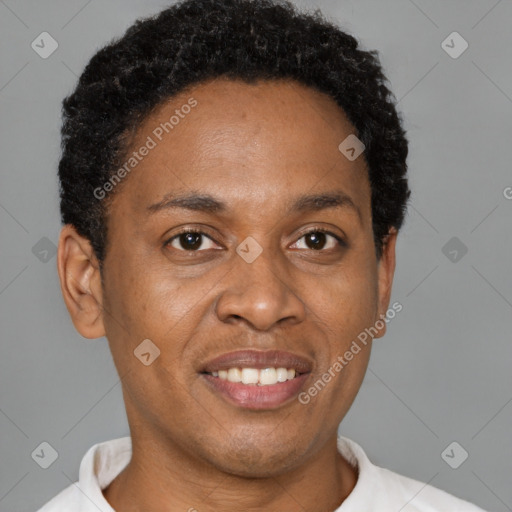 Joyful latino adult male with short  brown hair and brown eyes