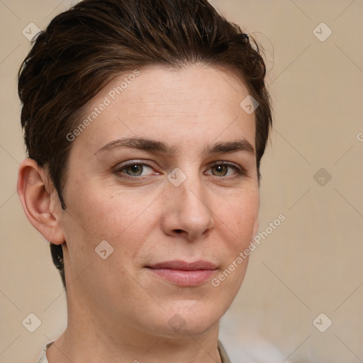 Joyful white young-adult female with short  brown hair and grey eyes